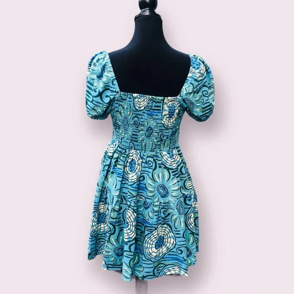 House of Harlow Babydoll Mini Dress Size Small Blue Linen Retro Puff Sleeve NWOT - Picture 4 of 10